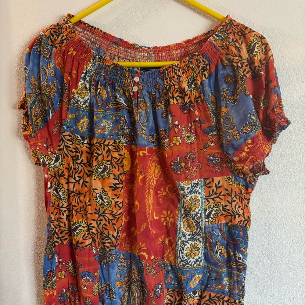 Chaps Red and Blue Ruched Flutter Sleeve Blouse